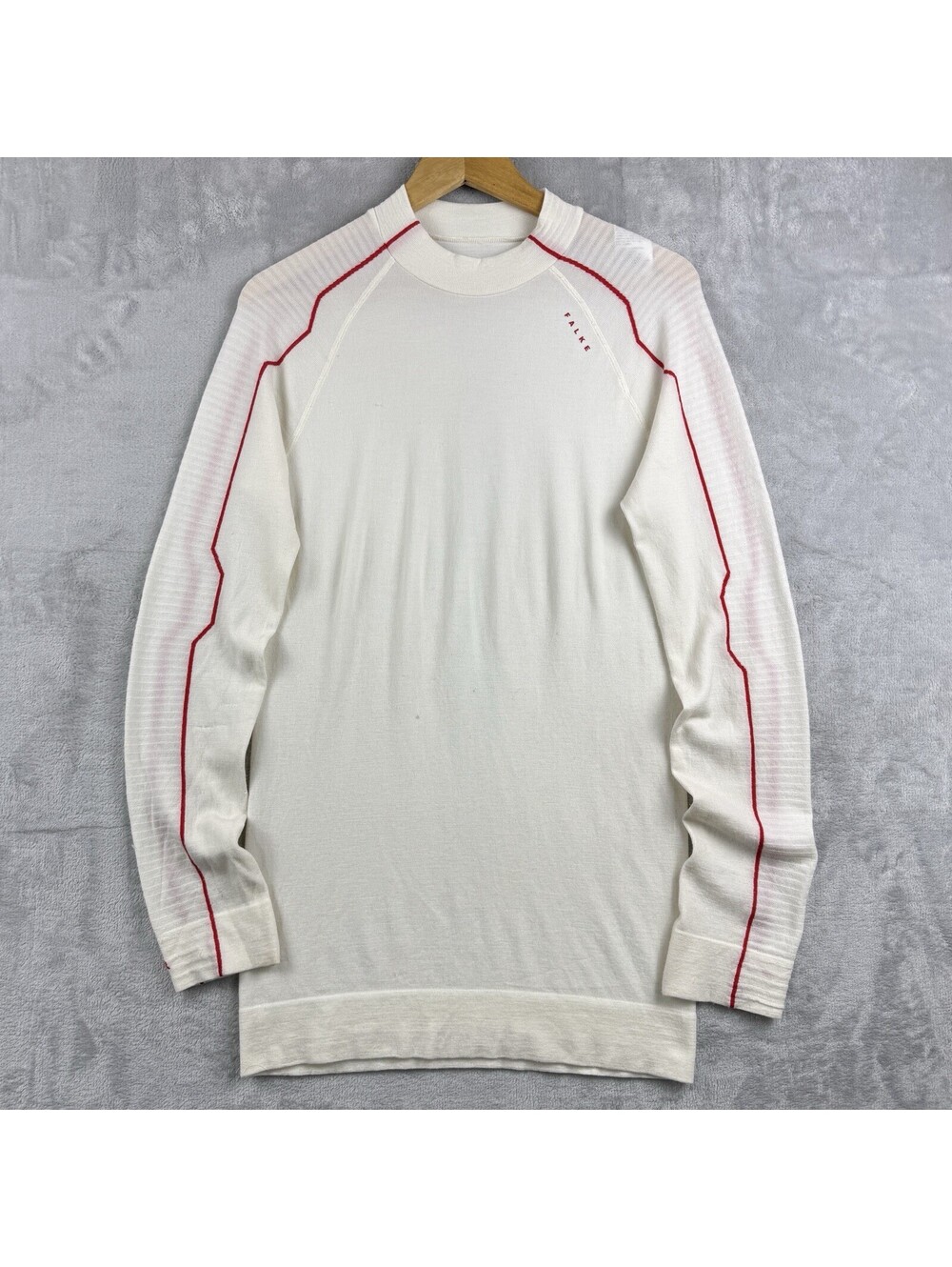 FALKE Wool-Tech Merino Wool Base Layer Long Sleeve Shirt Ivory Red Size L Ski